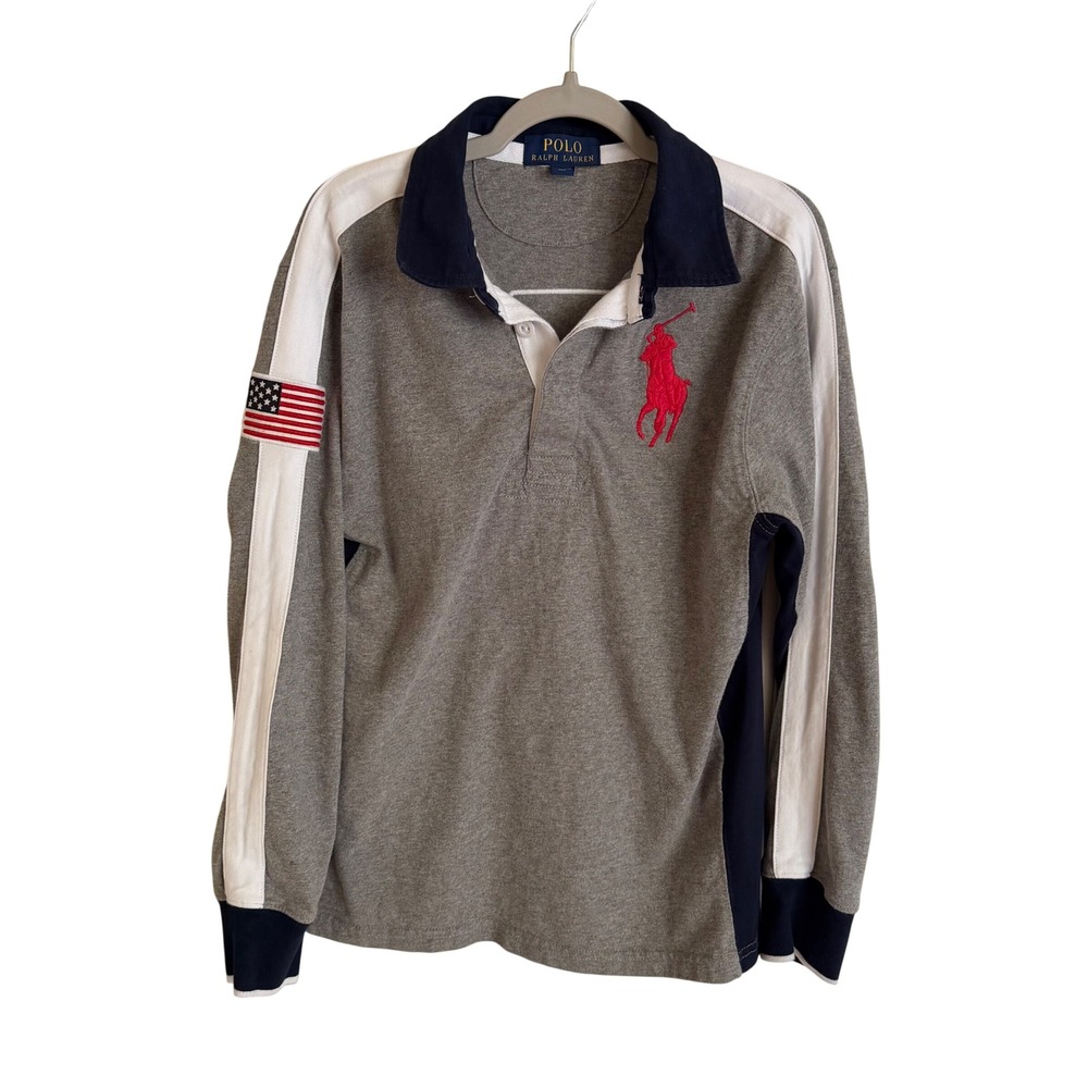 Polo Ralph Lauren Boys Big Pony USA Flag Rugby Shirt Size M 10-12 Long Sleeve